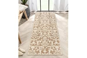 Morebes Vintage Bathroom Runner Rugs 24 x 60 Non Slip,2x5 Rug Runner, Washable Floral Entryway Rug, Non Shedding Kitchen Sink Indoor Floor Carpet Runner for Laundry Room,Pale Khaki