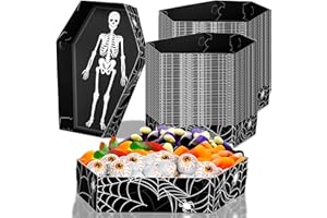GEEFUUN 100Pcs Halloween Coffin Serving Food Trays - Skeleton Disposable Snack Paper Dish for Party Decoration Supplies