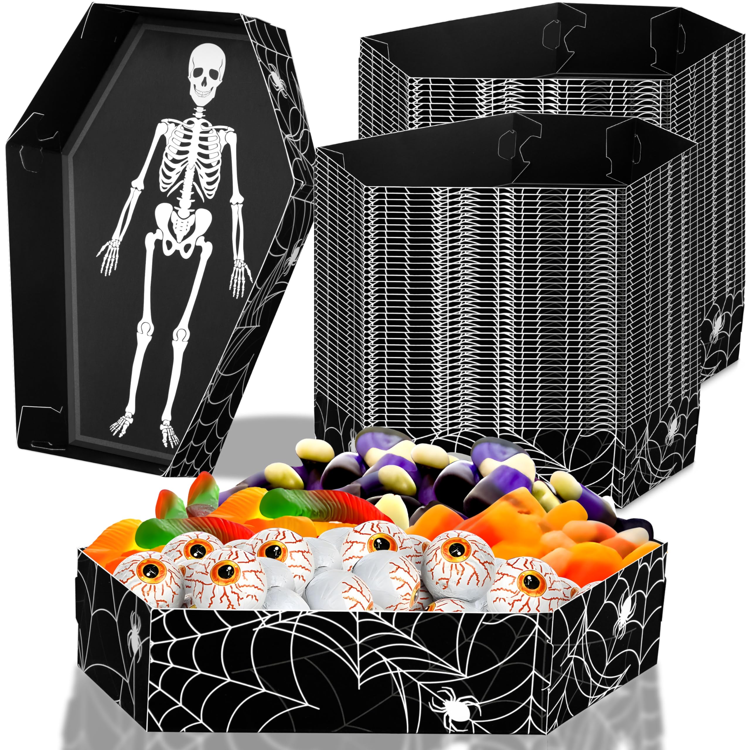 Photo 1 of 100Pcs Halloween Coffin Serving Food Trays - Skeleton Disposable Snack Paper Dish for Party Decoration Supplies