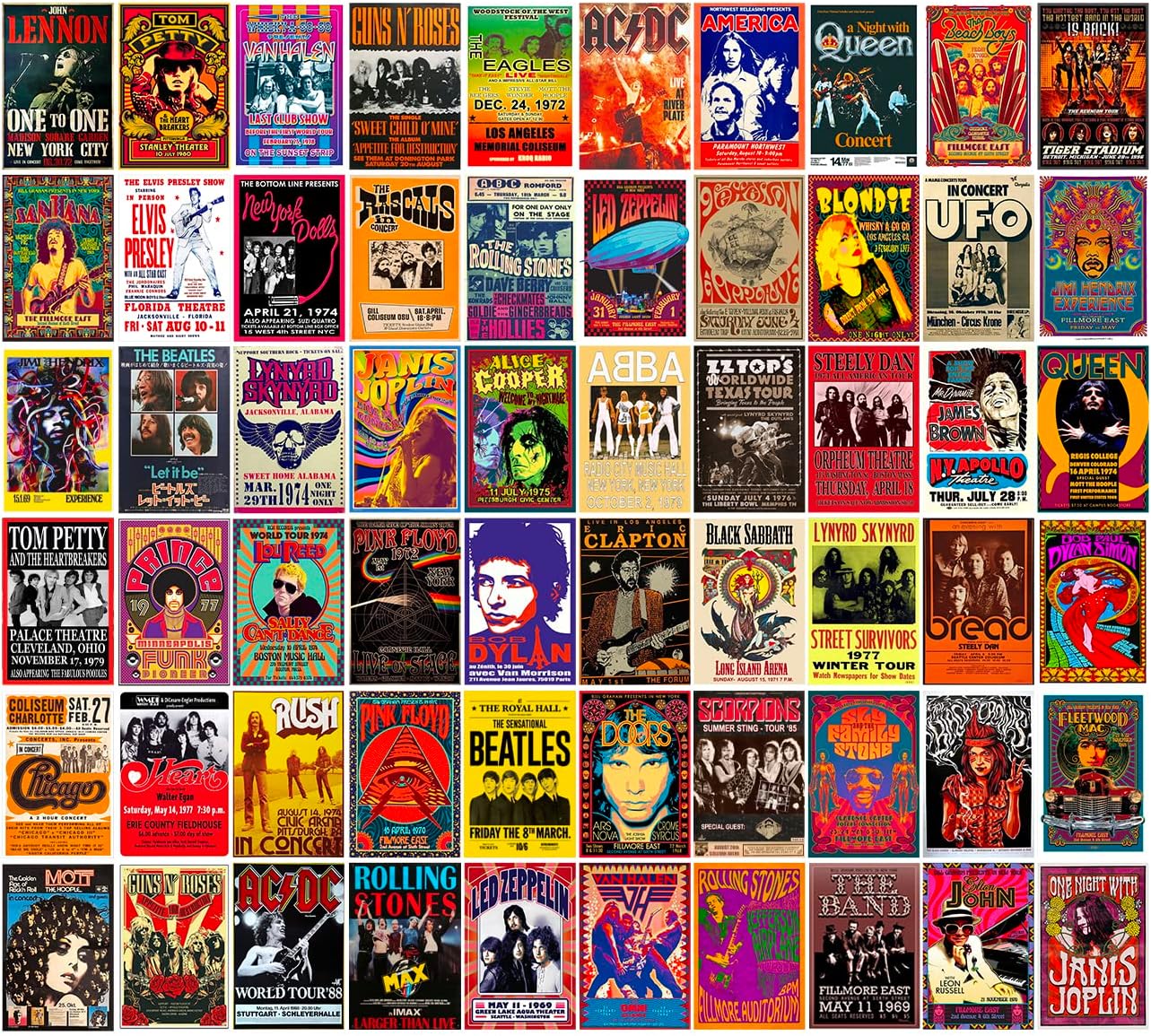 Wall Décor - Woonkit 60 PC Vintage Rock Band Posters for Room Aesthetic, 70s 80s 90s Retro Music Room, Bedroom Decor Wall Art, Music Concert Poster Wall Collage, Old Music Album Cover Prints (A 60 SET, 4X6 INCH)
