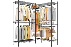 Raybee Clothes Rack, 900LBS Heavy Duty Clothes Rack, Closet Shelving for Hanging Clothes, L Shaped Space Saver for Corner Freestanding Wardrobe Closet Space Saver 74.5" W X 18" D X 77" H, Black