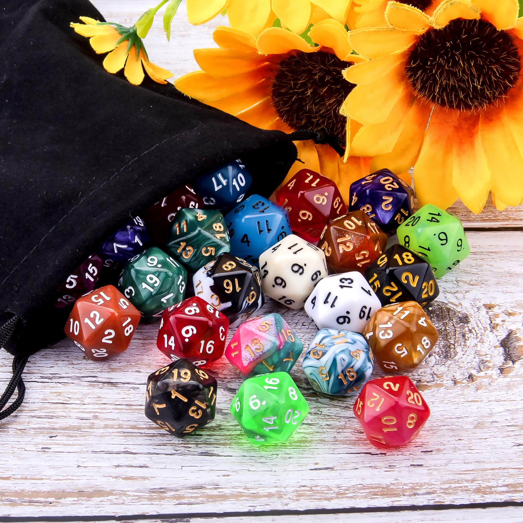 AUSTOR 35 Pieces Polyhedral Dice 20 Sided Game Dice Set Mixed Color 20 Sides Dice Assortment with a Black Velvet Storage Bag for DND RPG MTG Table Games
