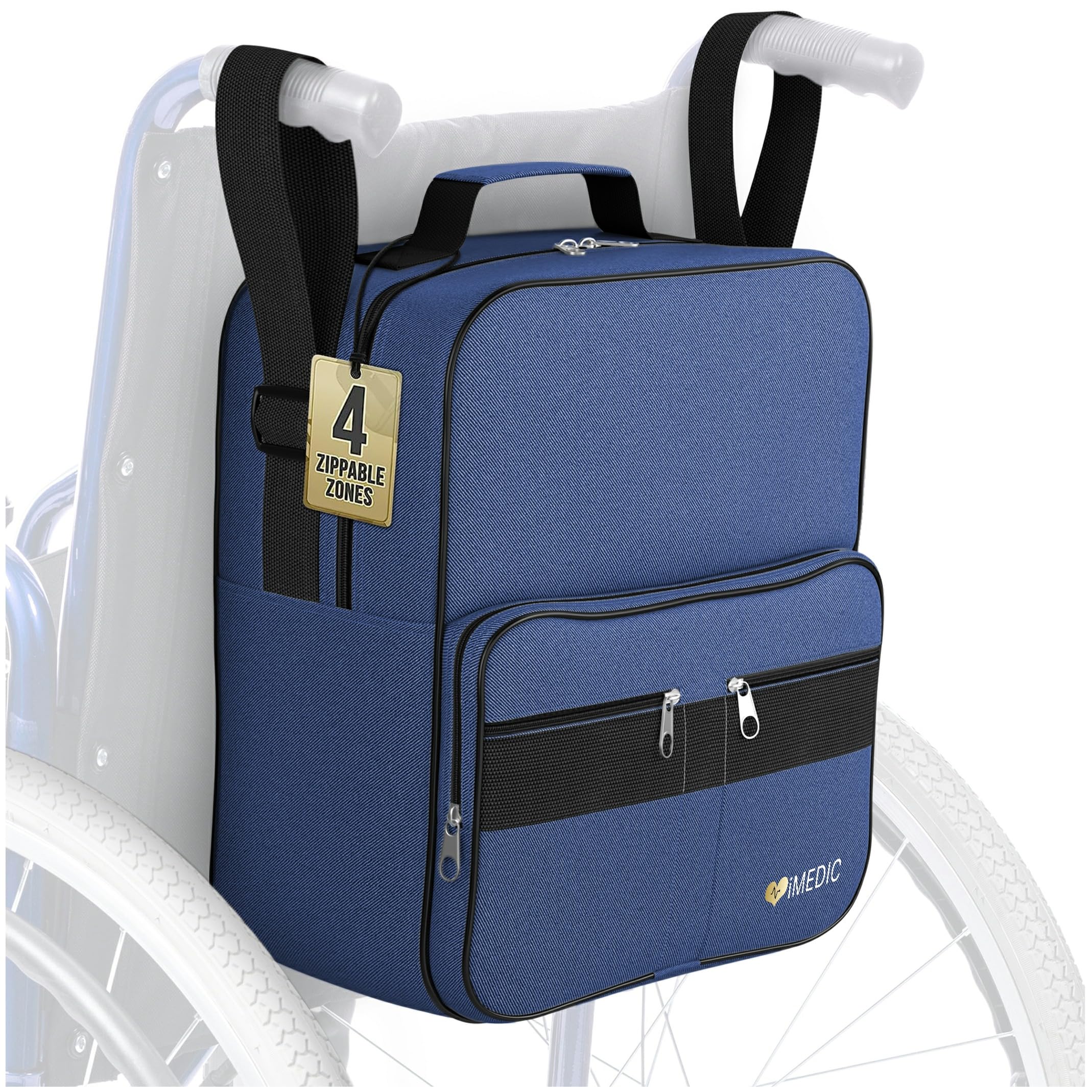 iMedic Deluxe Wheelchair Bag, Blue Wheelchair Backpack for Back of Chair with Dimensions of H37 x W33 x D18cm, Storage Bag for Electric Wheelchairs & Mobility Scooters
