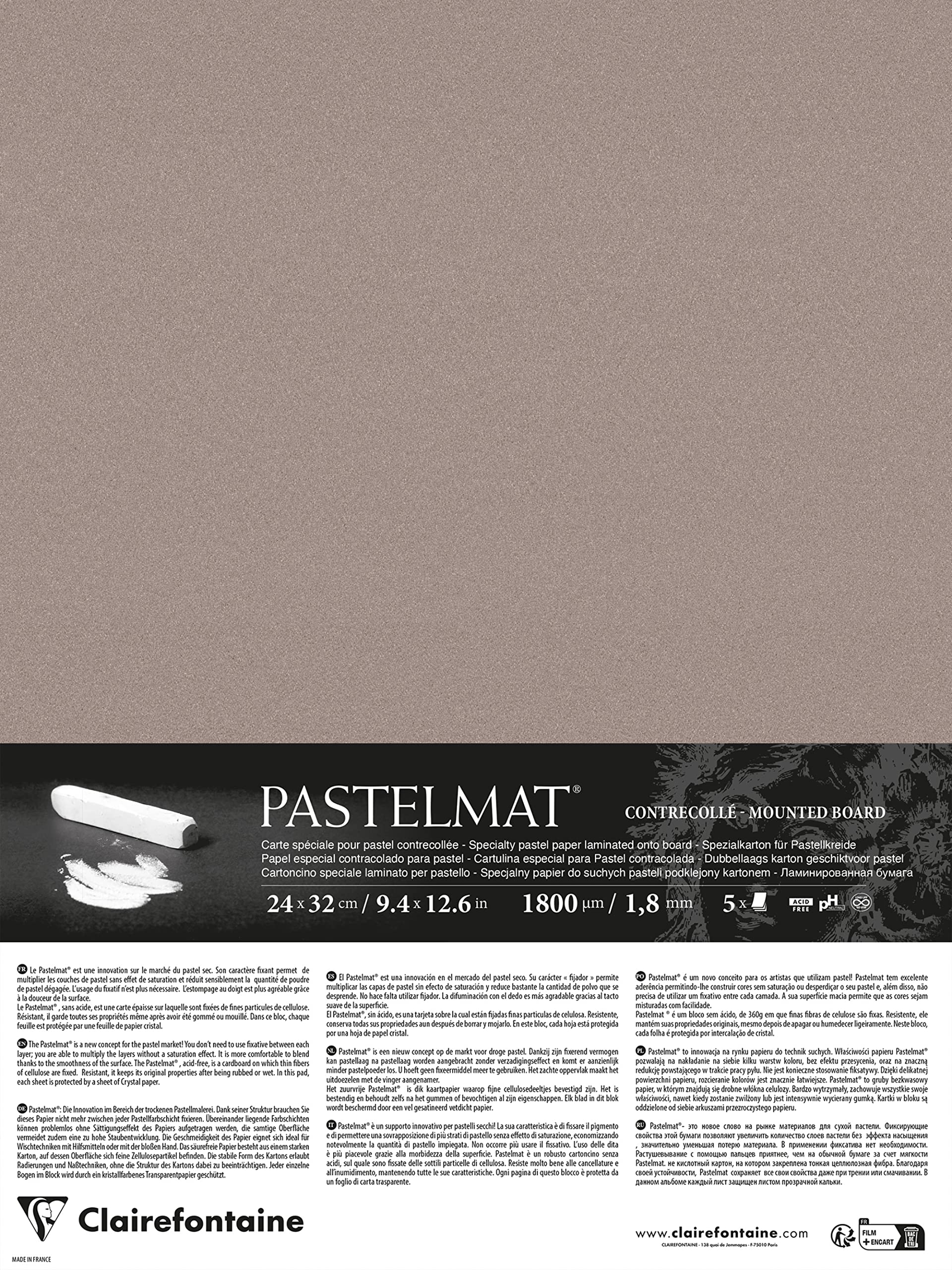 Clairefontaine 796019C - Pastelmat Laminated Paper - 5 Laminated Sheets Special Card for Dry Pastels - 24x32 cm 360g 1.8 mm - Dark Grey - Made in France — image 1