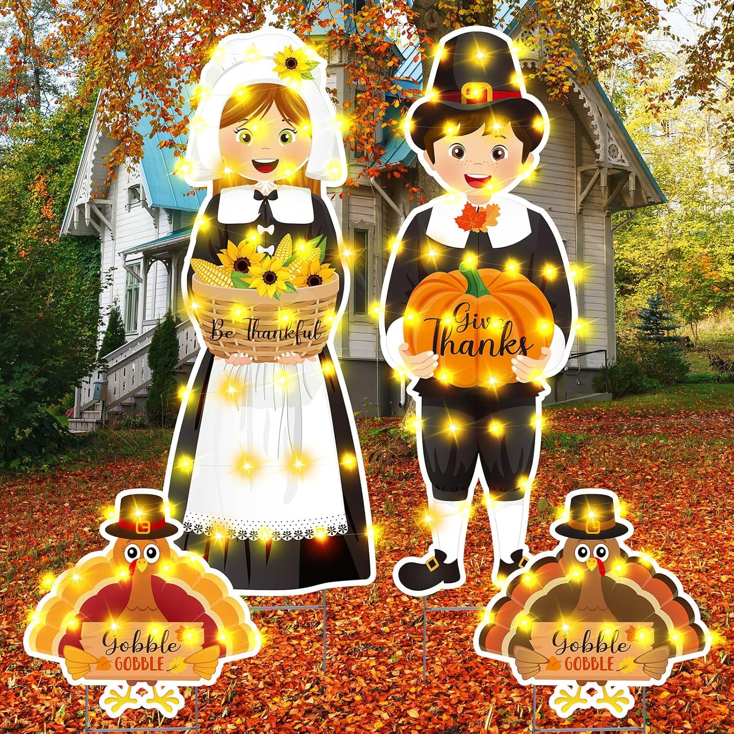 Yard Signs - Soaoo 2 Pcs 32 Inch Thanksgiving Pilgrim Boy Girl Yard Sign and 2 Pcs Thanksgiving Turkey Yard Signs with LED Light String Fall Harvest Lawn Decoration with Stakes for Outdoor Autumn Garden Porch