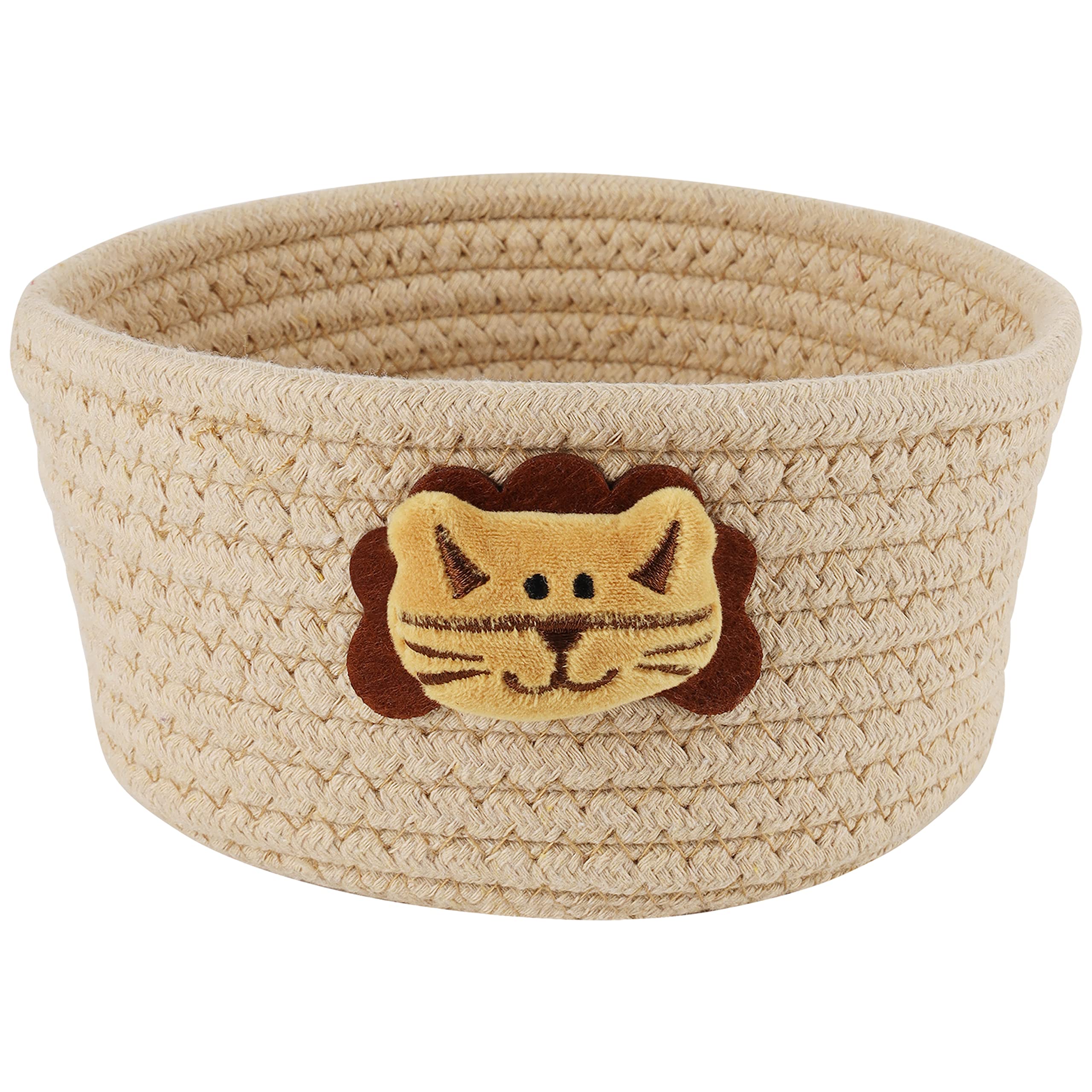 Belle Vous Small Cute Woven Cotton Rope Basket - W19 x H9.5cm / 7.5” x 3.7” - Laundry, Cat Dog Toys Storage Organiser Bin Decorative Basket for Living Kids Room Shelves - Cat Design