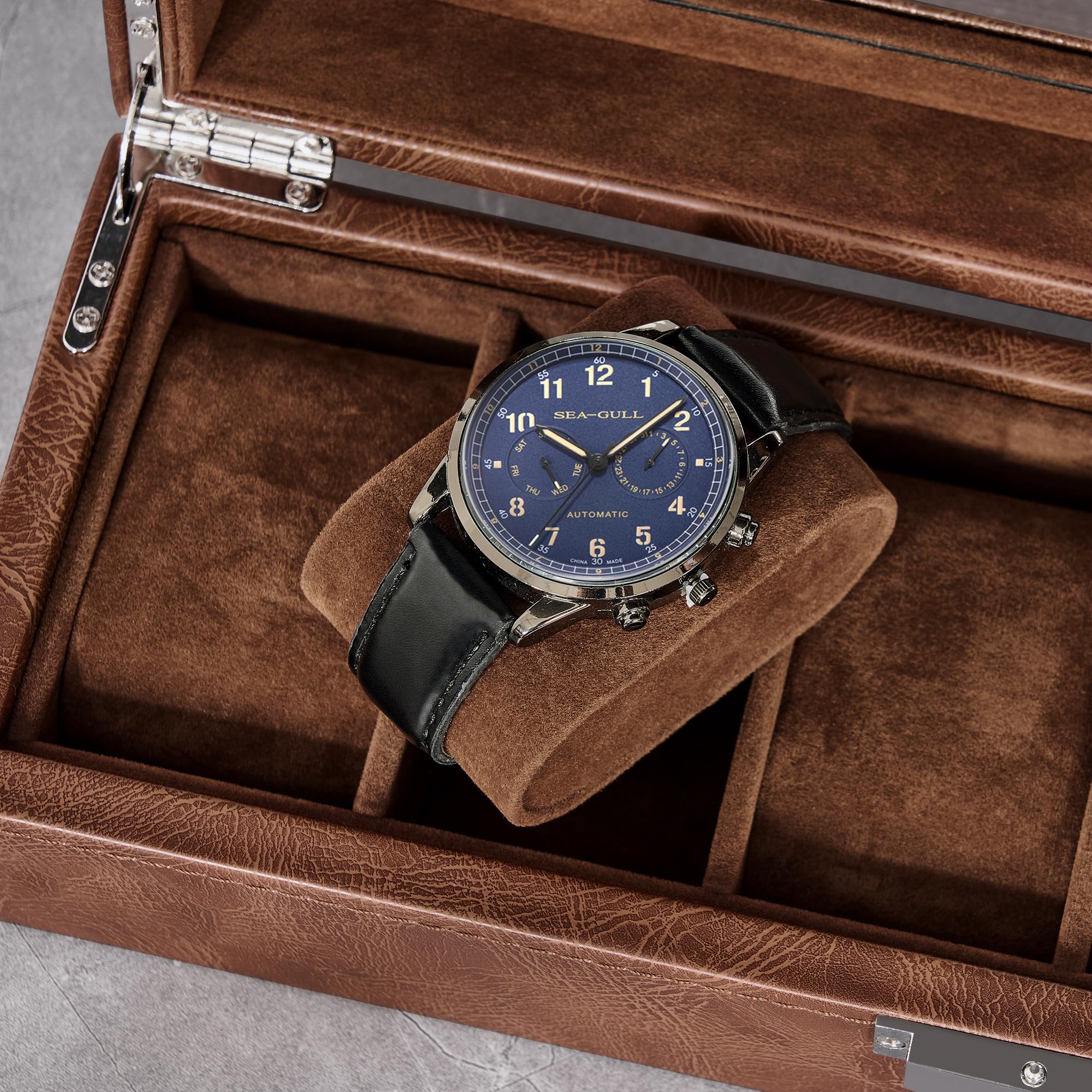 BEWISHOME Watch Box, 6 Slot Watch Cases for Men Watch Holder, Leather Watch Display Case with Large Glass Lid, Watch Storage with Soft Pillow, Brown SSH13Z
