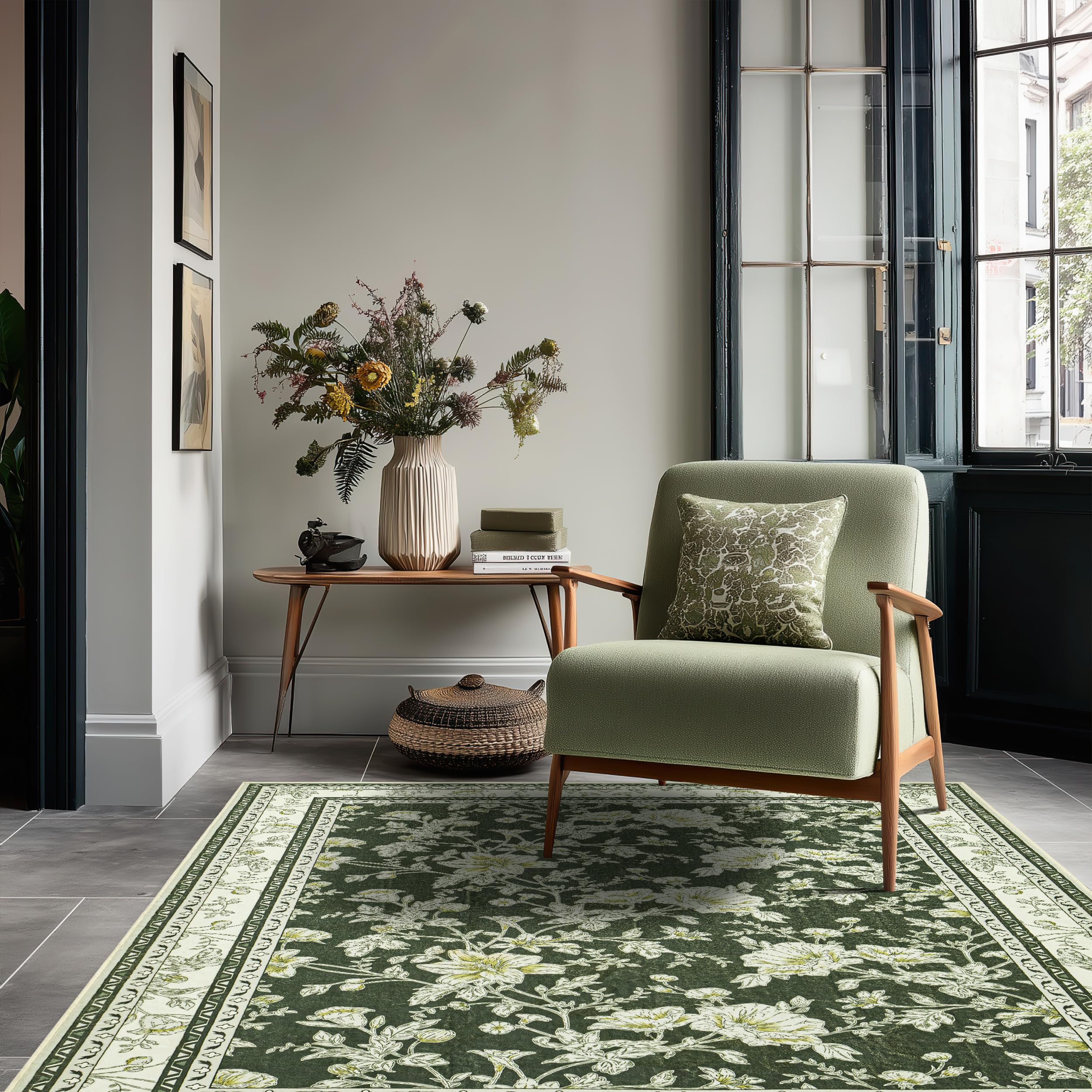 Olive Green Floral Print Area Rugs for Bedroom Living Room Boho Farmhouse Country Rustic Dining Room Carpet Soft Washable Rugs Non Slip Floor Covering for Nursery Playroom 4x6 Image