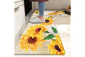 Qahing Sunflower Kitchen Rugs Decor Set of 2 Anti Fatigue Yellow Vintage Floral Farmhouse Non-Skid Kitchen Floor Mats Comfort Standing Mat Waterproof Sink Carpet (17.3 x 28 inch+17.3 x 47 inch)