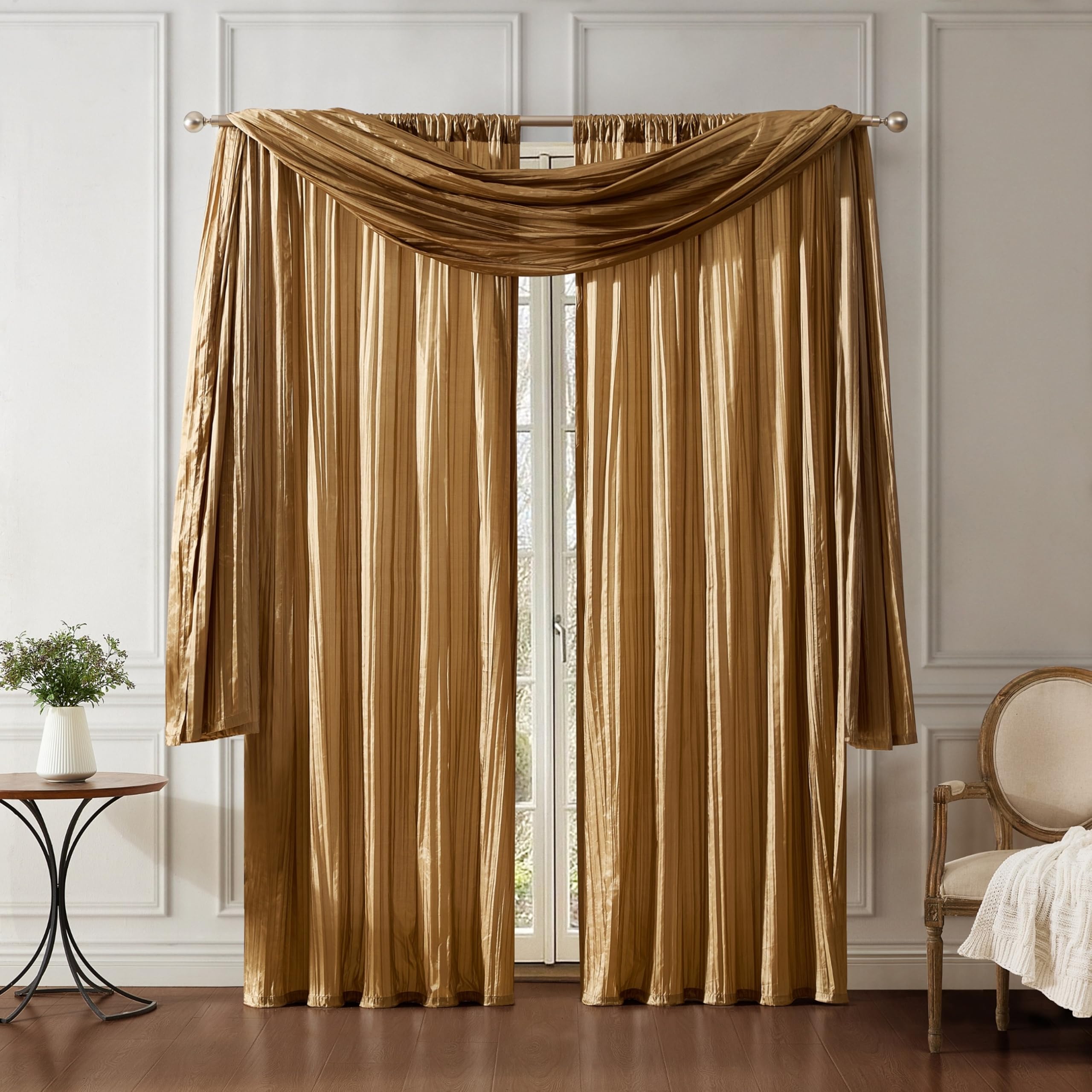 Elrene Home Fashions Athena Faux Crushed-Silk Window Curtain Panel and Valance Set, 52"x84" (2 Panels) & 1 Valance, Gold