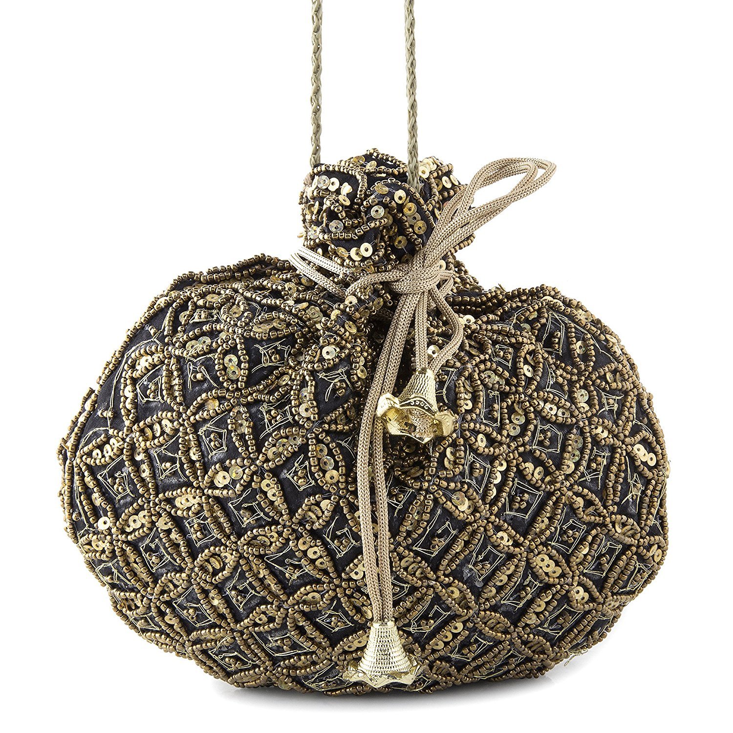 Purpledip Potli Bag (Drawstring Purse): Gold Thread Sequin Embroidery, Black (11267)