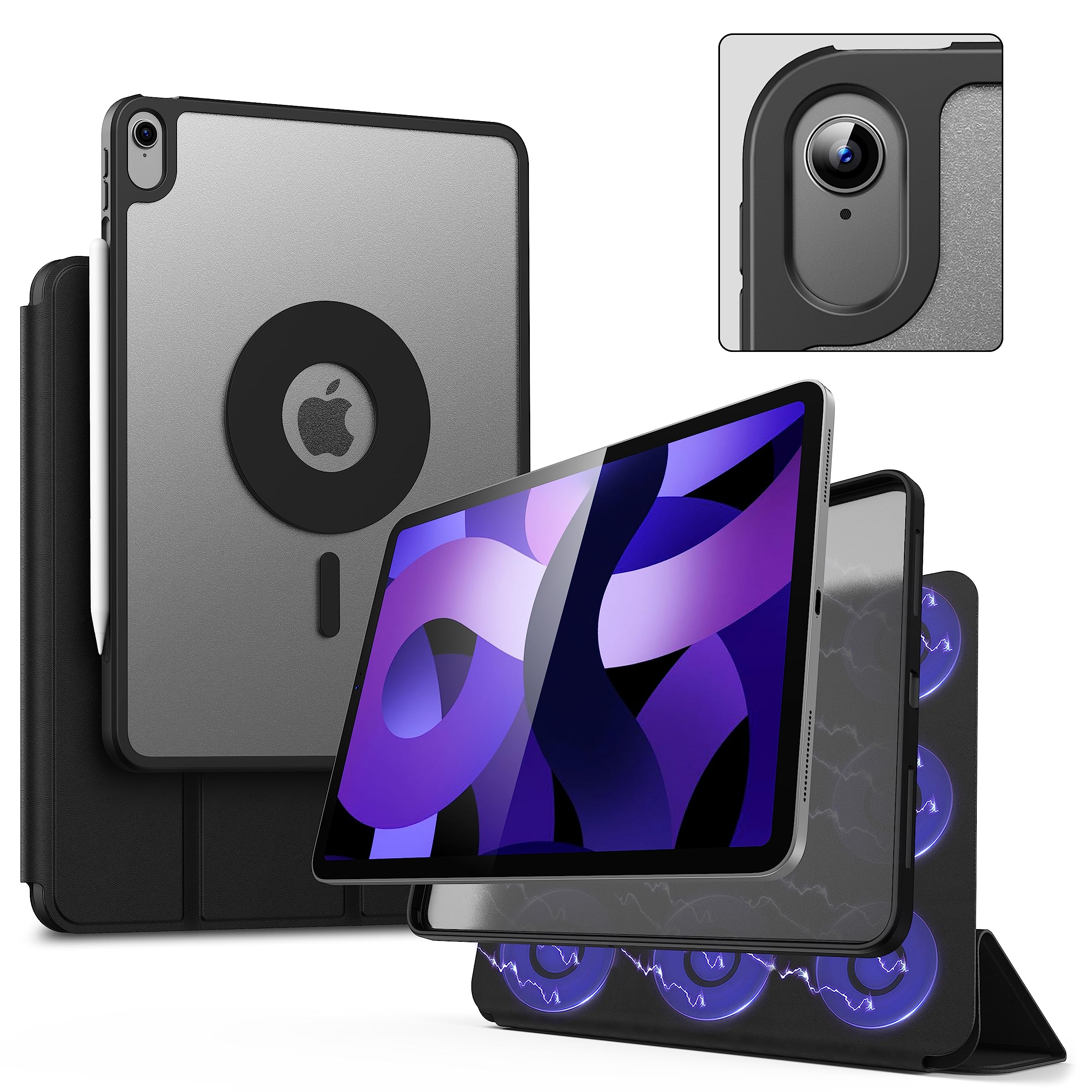Marasone iPad Air 5th Generation Magnetic Case 2022 / iPad Air 4th 2020 Case Double-Layer Magnetic Folio Cover with Multiple Angles and Pencil Charging Support, Premium PU Leather (Black) — image 1