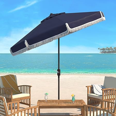 Amazon Com Safavieh Pat8008a Collection Milan Fringe Navy And White 9ft Crank Outdoor Push Button Tilt Umbrella Garden Outdoor