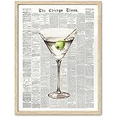 EcoHest Trendy Newspaper Martini Framed Wall Art, 12x16 in OAK Wood Retro Bar Cart Canvas Art, Magazine Aesthetic Apartment Art, Beige Logs Funky 70's Set of 1 for Bedroom Living Room