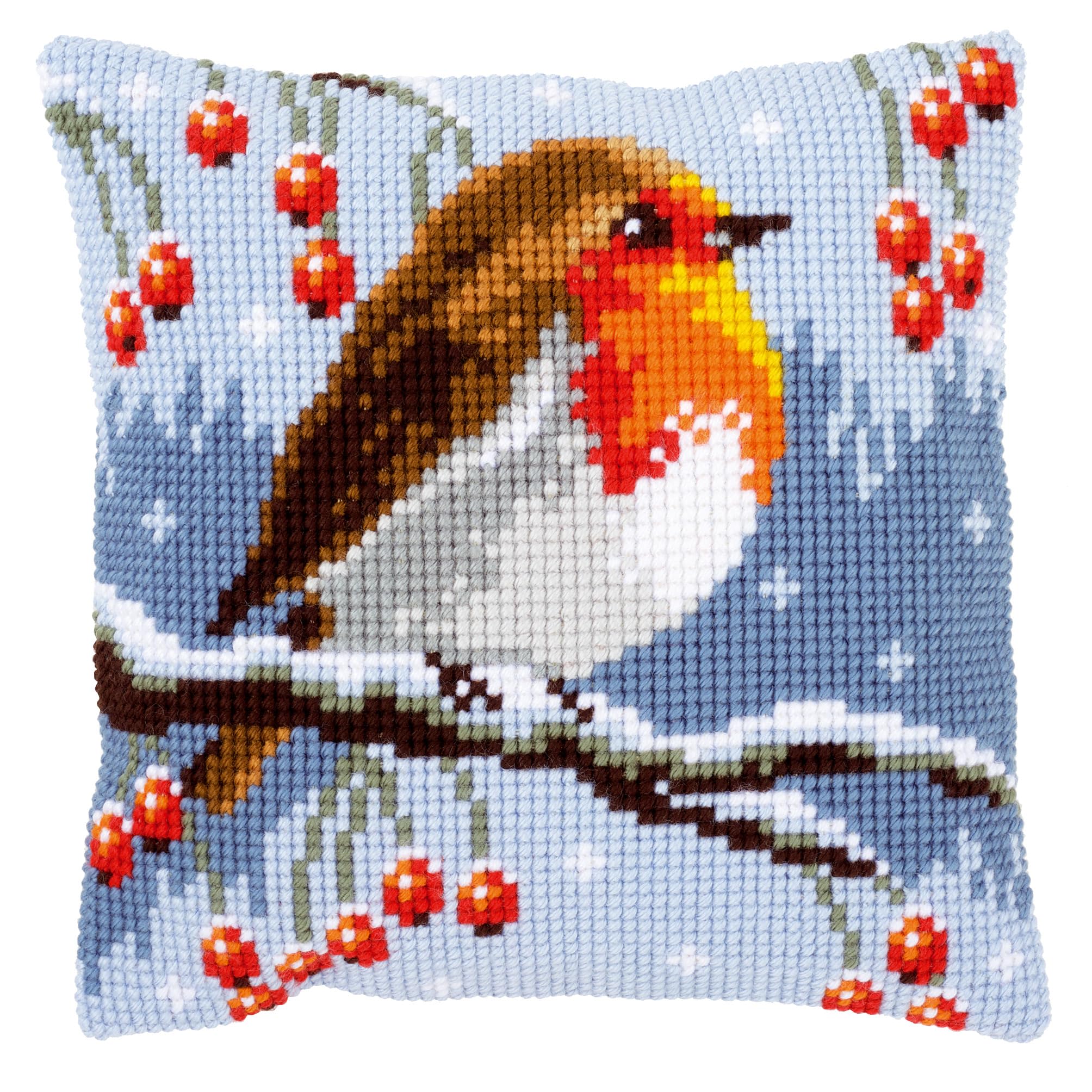 Vervaco Cross Stitch Kit: Cushion: Red Robin in The Winter, COTTON, NA, 40 x 40cm