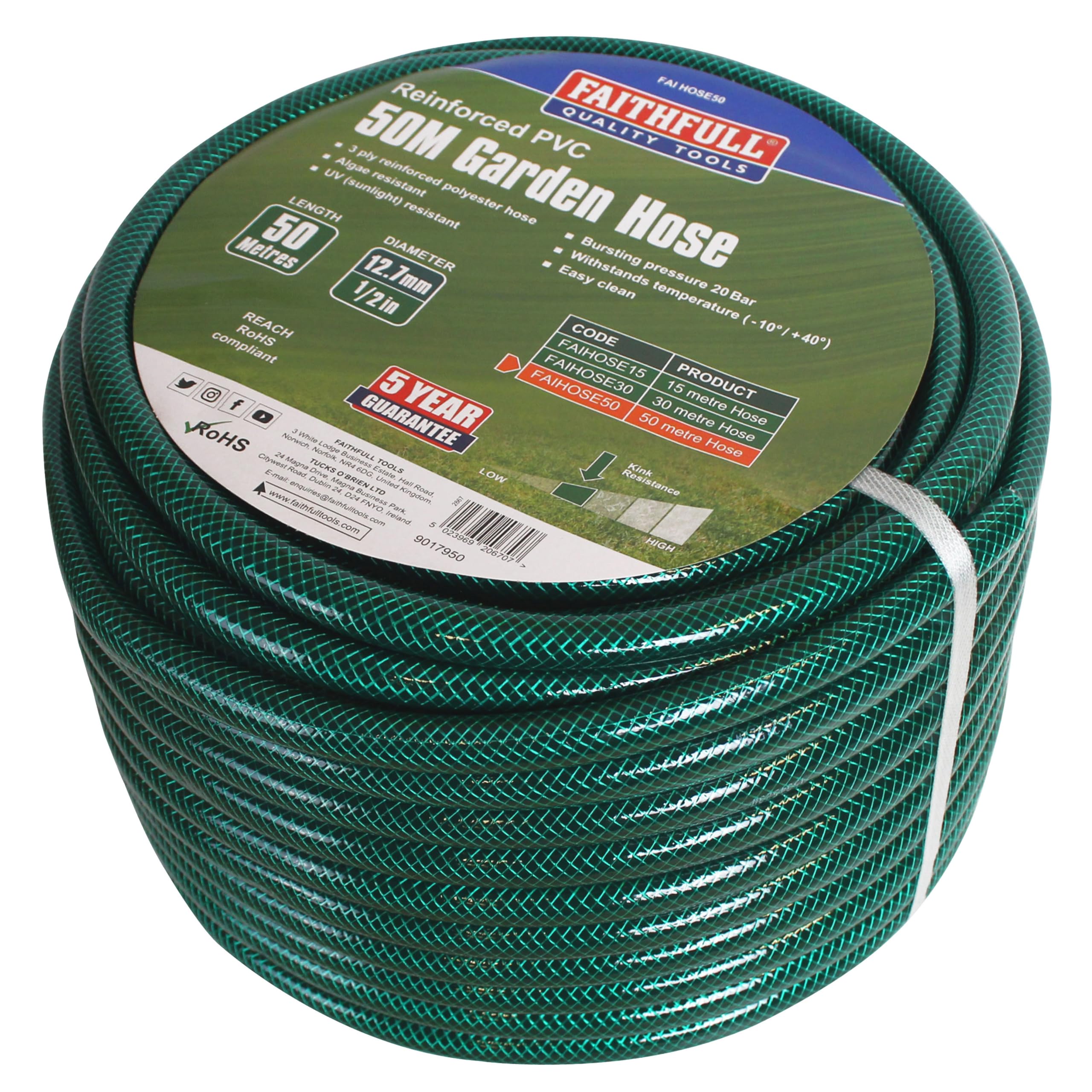 Faithfull 50M (164ft) Reinforced Hose 12.7 mm (1/2 Inch) Diameter – PVC Garden Hose Pipe — image 1