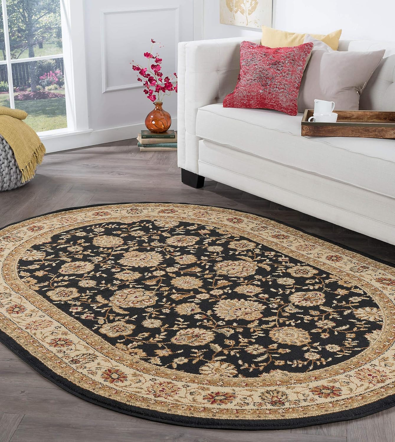 Amazon Com Tayse Raleigh Black 7x10 Oval Area Rug For Living Bedroom Or Dining Room Traditional Floral Furniture Decor