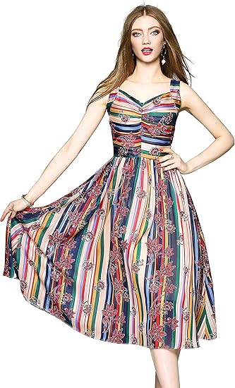 Amazon Co Jp ワンピース レディース ボタニカル柄 ミディワンピース ロング Aライン 夏ワンピース 涼しい 花柄 配色 ノースリーブ ハイウェスト シルエット 爽やか 服 ファッション小物