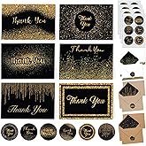 Decorably 24 Pack Glittery 6x4in Black and Gold Thank You Cards with Envelopes & Stickers, 6 Elegant Designs for Friends, Loved Ones, Blank Inside - All Occasions, Wedding, Gifting, Mailing