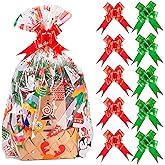 Kolewo4ever 20pcs Christmas Cellophane Basket Bags Snowman Santa Snowflake Wine Bottles Cellophane Wrap Set Include 10 Christmas Basket Bags with 10 Pull Bows (16 x 24 inches)