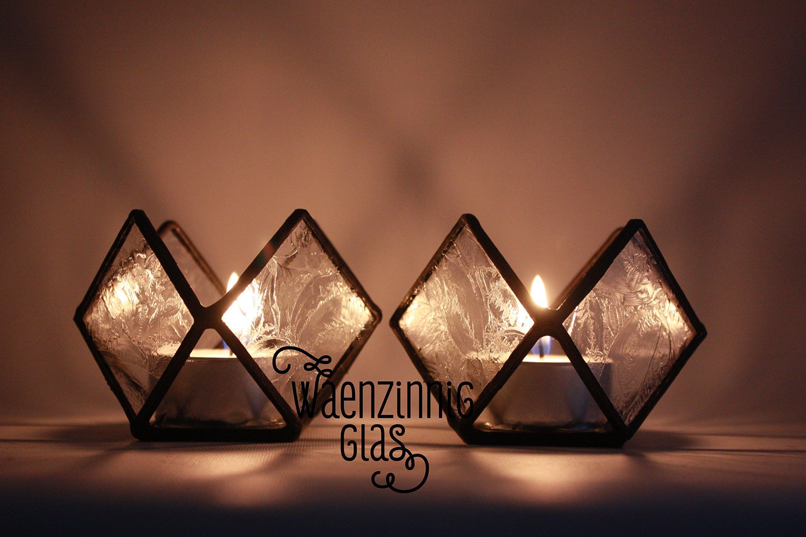 set of 2 stained Glass candle holder, ice crystal glass in geometrical shape