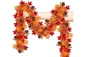 LAIRYAN 50FT Fall Thanksgiving Decorations, Fall Thanksgiving Tinsel Garland with Turkey Maple Leaf Pumpkin, Shiny Metallic Twist Thanksgiving Garland for Home Tree Mantle Indoor Outdoor Party Decorations