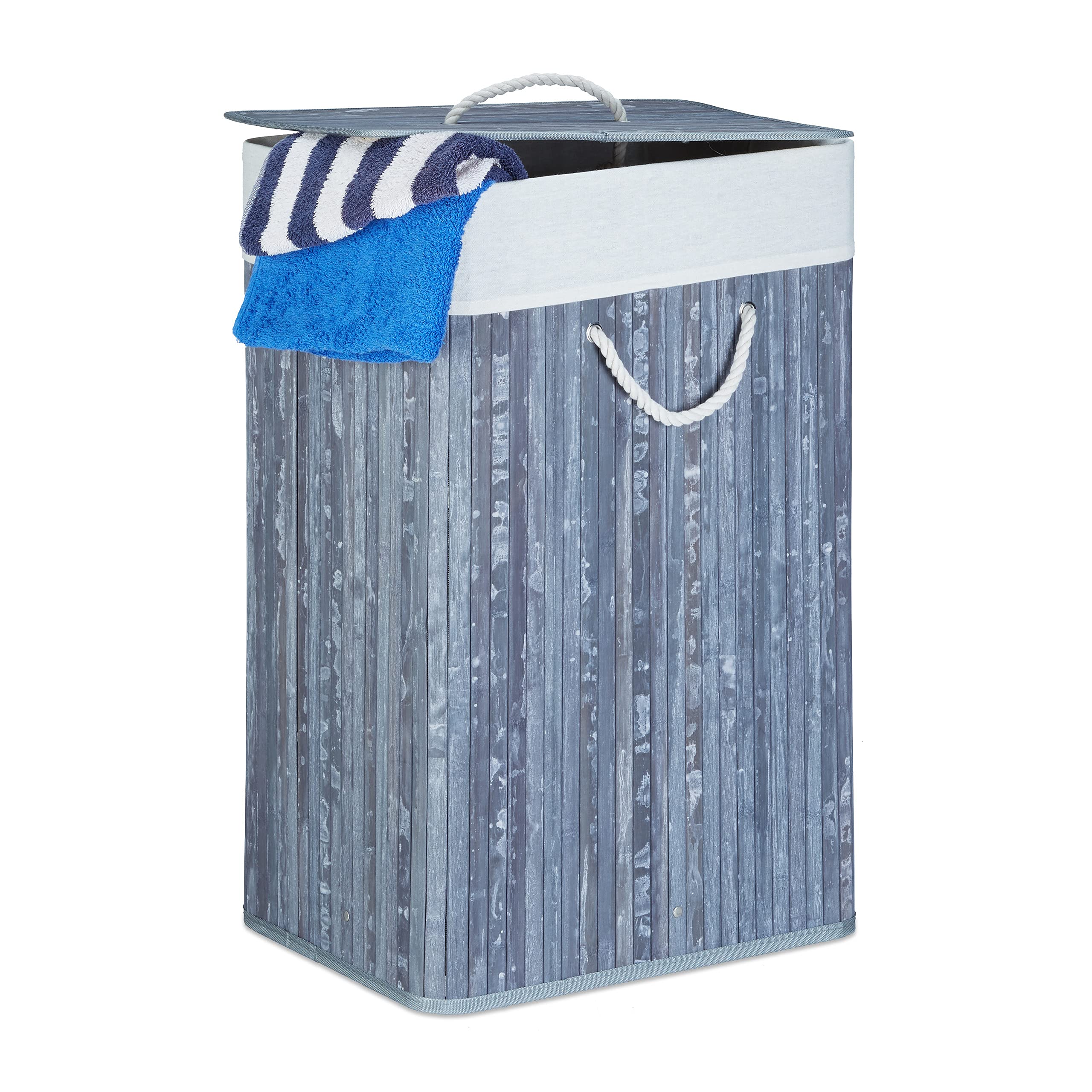 Relaxdays Bamboo Square Laundry Hamper, 65.5 x 43.5 x 33.5 cm, Folding Laundry Basket, 83L, Rectangular, Grey