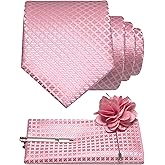 JEMYGINS Mens Solid Color Plaid Tie and Lapel Pin Necktie Pocket Square and Tie Clip with Sets for Business Casual 4PCS