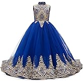 Gold Lace Flower Girls Pageant Dresses Long Puffy Prom Tulle Ball Gown