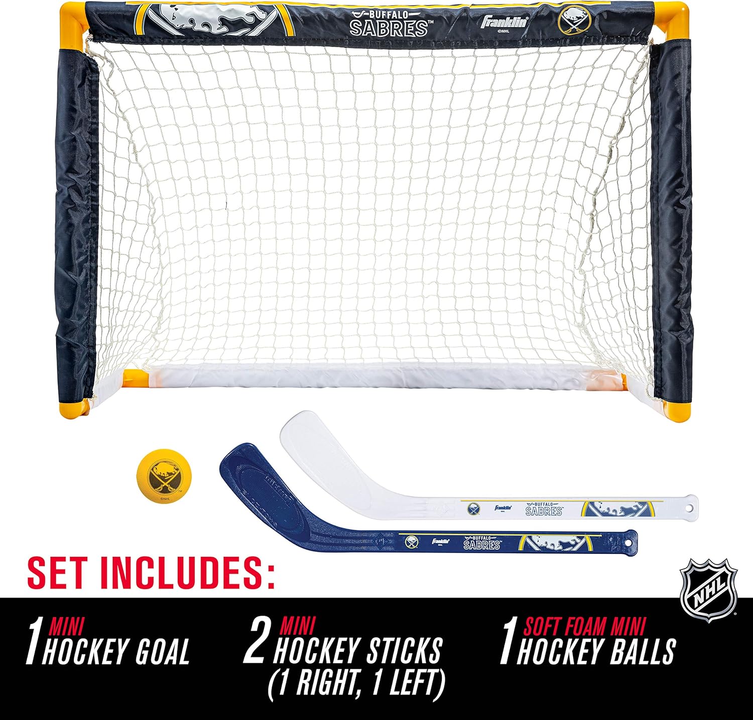Franklin Sports Buffalo Sabres Mini Hockey Set - Knee Hockey Goal, Ball, & 2 Hockey Stick Combo Set - Mini Goal Net - NHL Official Hockey Set : Hockey Nets : Sports & Outdoors