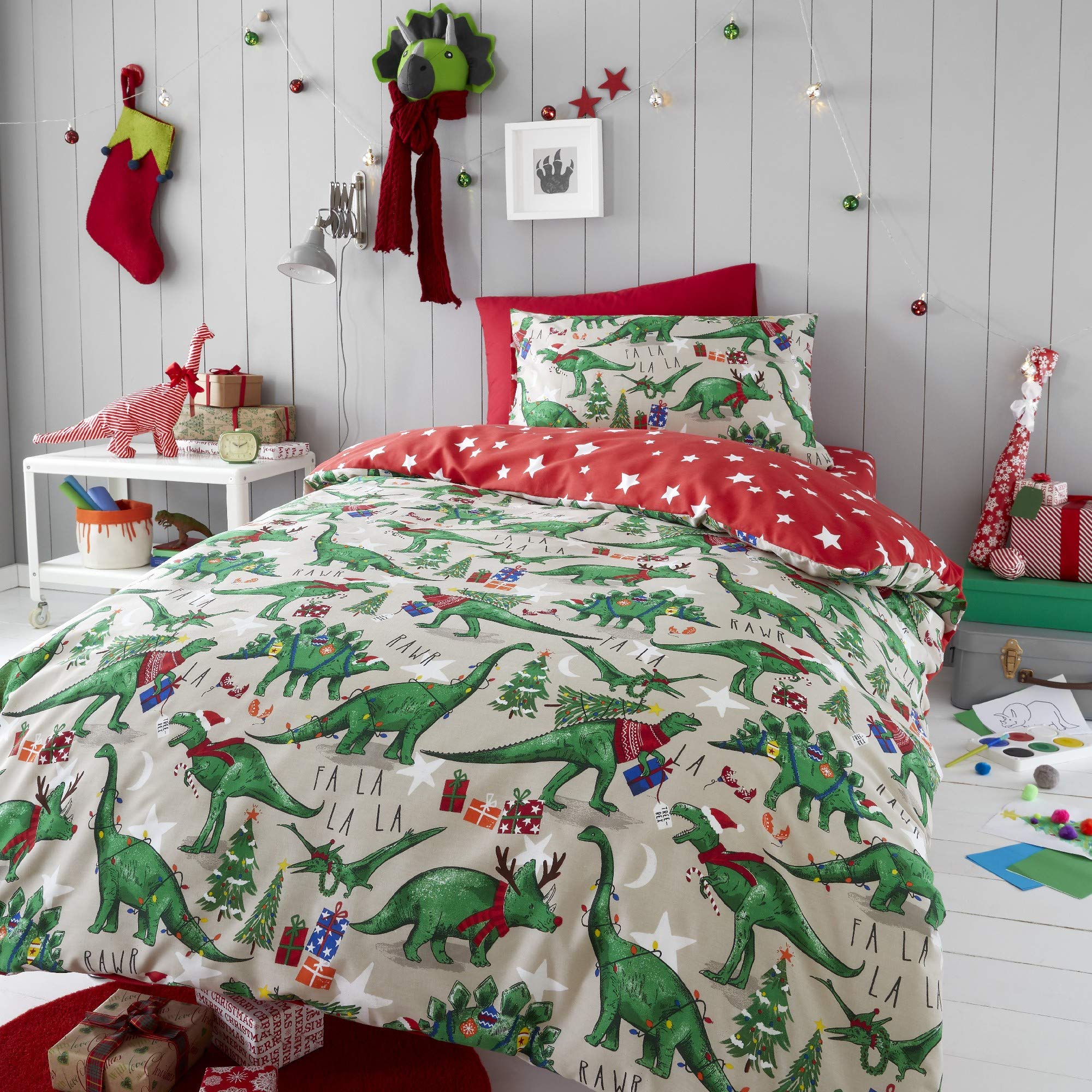 Happy Linen Company Girls Boys Kids Christmas Dinosaur Glow In The Dark Taupe Natural Toddler Cot Bed Reversible Duvet Cover Bedding Set
