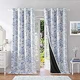 Beauoop Floral 100% Blackout Curtains 84 Inches Long 2 Panels for Bedroom Living Room Navy Blue White Farmhouse Rose Flower Patterned Room Darkening Thermal Grommet Window Treatments Drapes, 50X84
