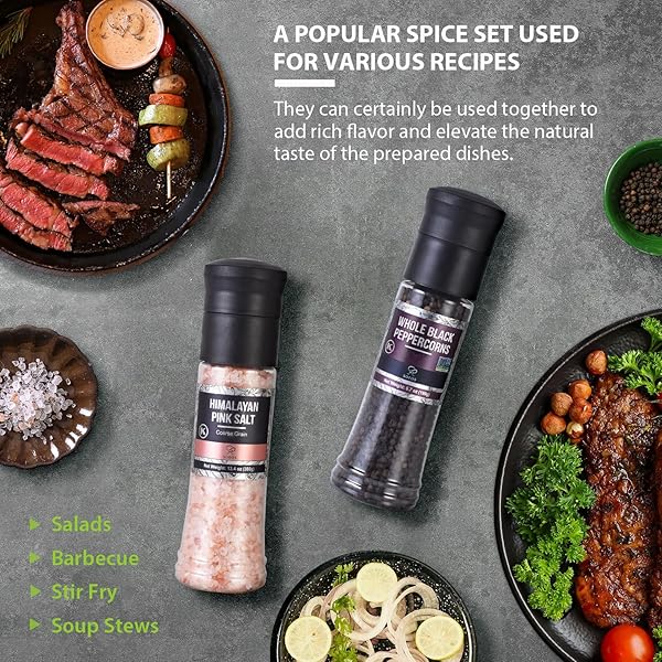 SOEOS WHOLE BLACK PEPPERCORNS, 6.7OZ (190G) AND HIMALAYAN PINK SALT, 13.4OZ (380G), PLASTIC BOTTLE GRINDER WITH SPICE GRINDER WITH SALT AND PEPPER SHAKER, SALT AND PEPPER SET.