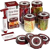 Fermenting Lids for wide mouth mason jars. 4 waterless airlock fermentation lids kit. Easy Grip fermenter lid with Oxygen Pump automatically Vents air. Tracks ferment date. (4 Lids + Pump)