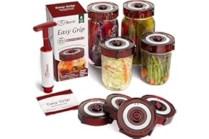 BRILLENTI Fermenting Lids for wide mouth mason jars. 4 waterless airlock fermentation lids kit. Easy Grip fermenter lid with Oxygen Pump automatically Vents air. Tracks ferment date. (4 Lids + Pump)