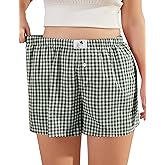 COOTRY Plus Size Women Boxer Shorts Cotton Plaid Gingham Shorts Casual Pajama Sleep Shorts Y2K Beach Bottoms