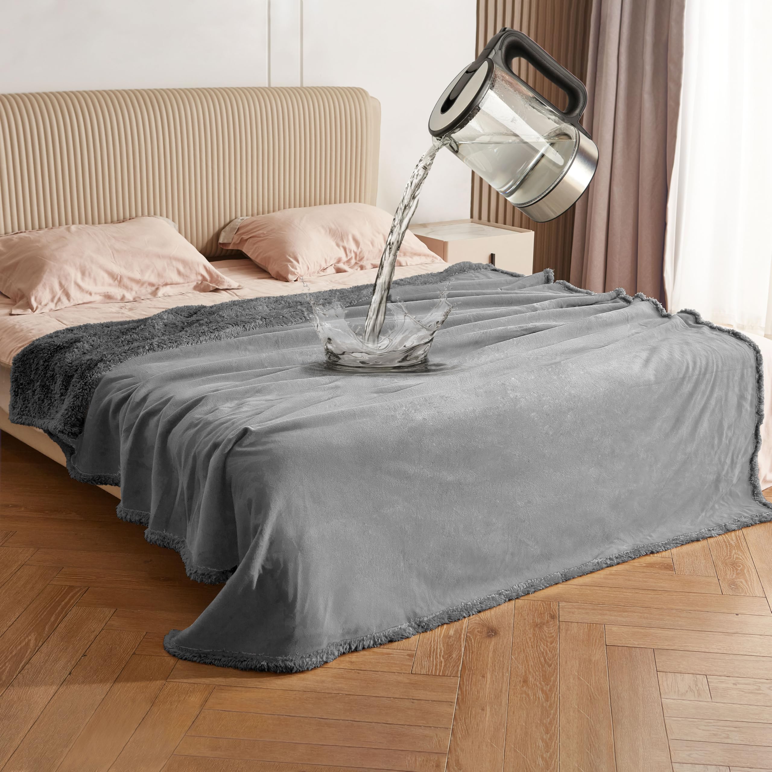 Catalonia Classy Waterproof Blanket, Reversible Cozy Sherpa Protective Throw, Washable Soft Fleece Lining Blanket for Bed Sofa Couch