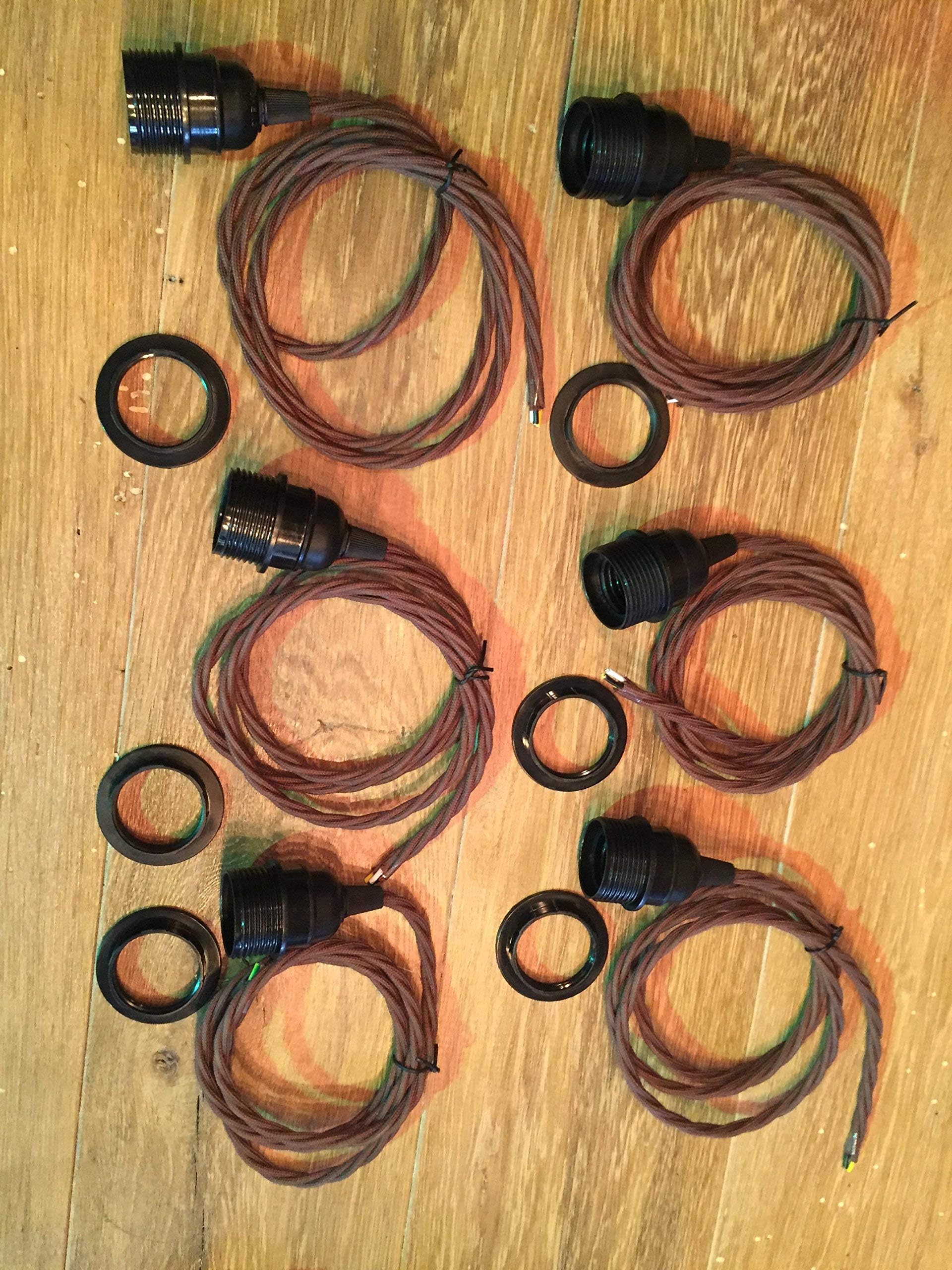 DIY Light Strands - 4' Cloth Covered Cord with Black Phenolic Sockets 18/2 - Set of 6 (Brown Twisted)