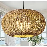 LUJOGUID 22.83in Large Rattan Chandelier Boho Wicker Hand Woven Pendant Light Farmhouse Ceiling Hanging Lighting Fixture for 