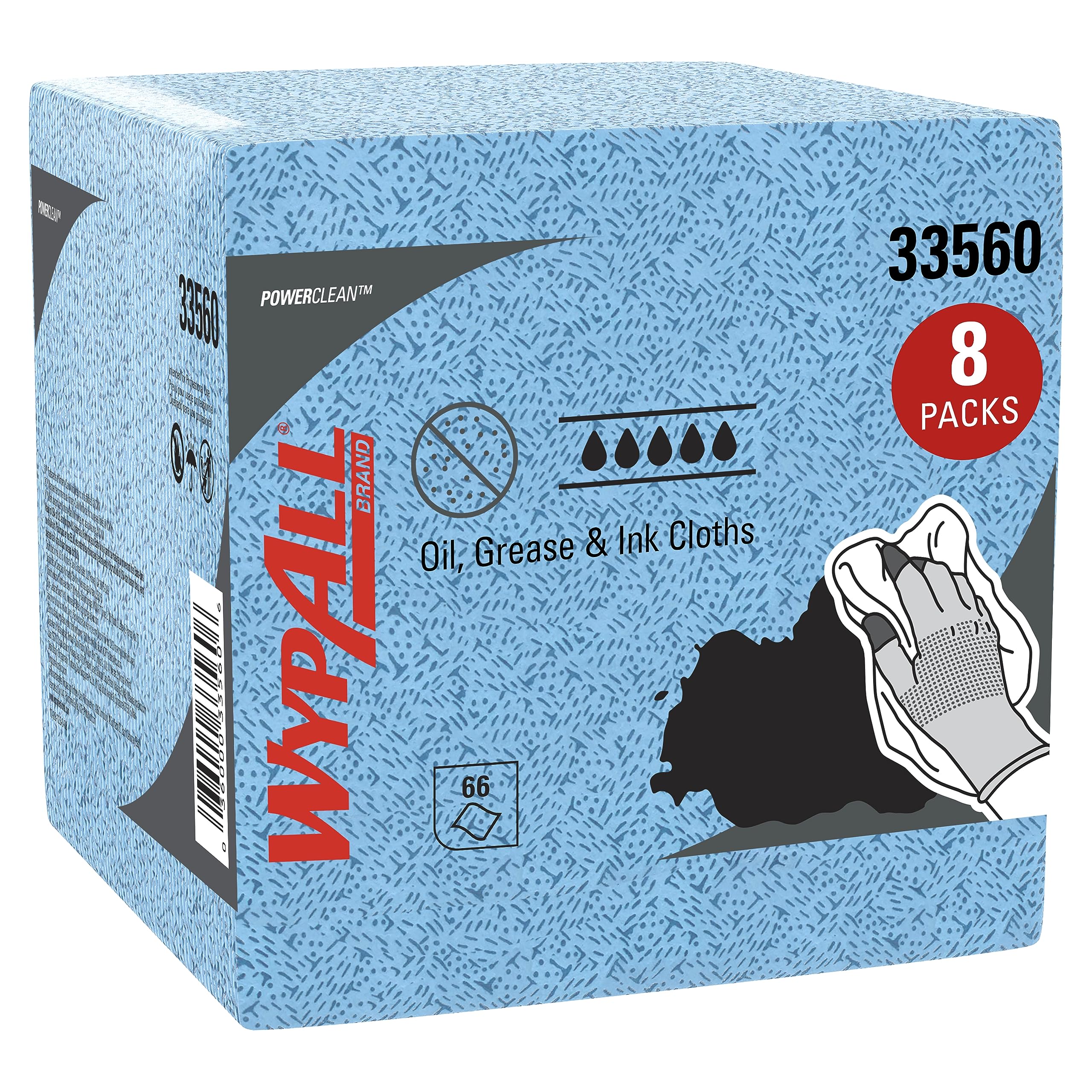 WypAll Oil, Grease & Ink Cloths (33560), Quarterfold, Lint-Free Wipes, Blue (8 Packs of 66 Sheets, 528 Sheet Total)