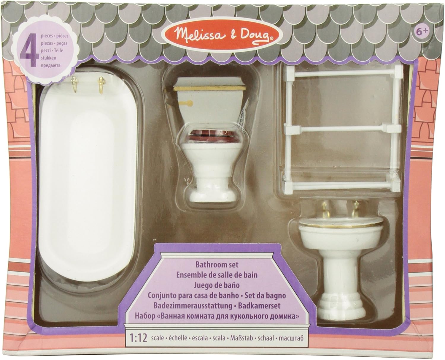 Melissa Doug Classic Wooden Dollhouse Bathroom Furniture 4 Pcs Tub Sink Toilet Towel Rack Furniture Amazon Canada