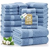 Lane Linen Bath Towel Set - 24 Pcs - Made From 100% Ring Spun Cotton - Quick Dry, Soft & Absorbent - 2 Bath Sheet, 4 Fingertip, 4 Bath, 6 Hand Towels, 8 Washcloth - Multipurpose Towels - Cerulean Blue