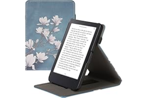 kwmobile Cover Compatible with Kobo Clara 2E / Tolino Shine 4 Case - Stand + Strap - Magnolias Taupe/White/Blue Grey