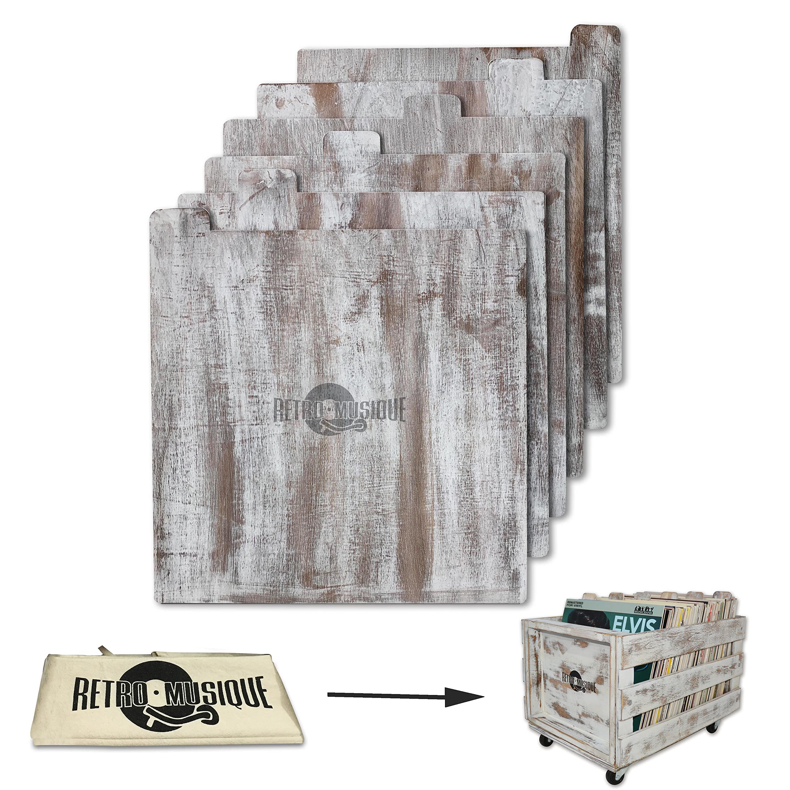 Retro musique Laser Etched Wooden Record Dividers to Organize 12" Vinyl LPs, Set of 6, With Hessian Cloth Cover (White Wash Finish)