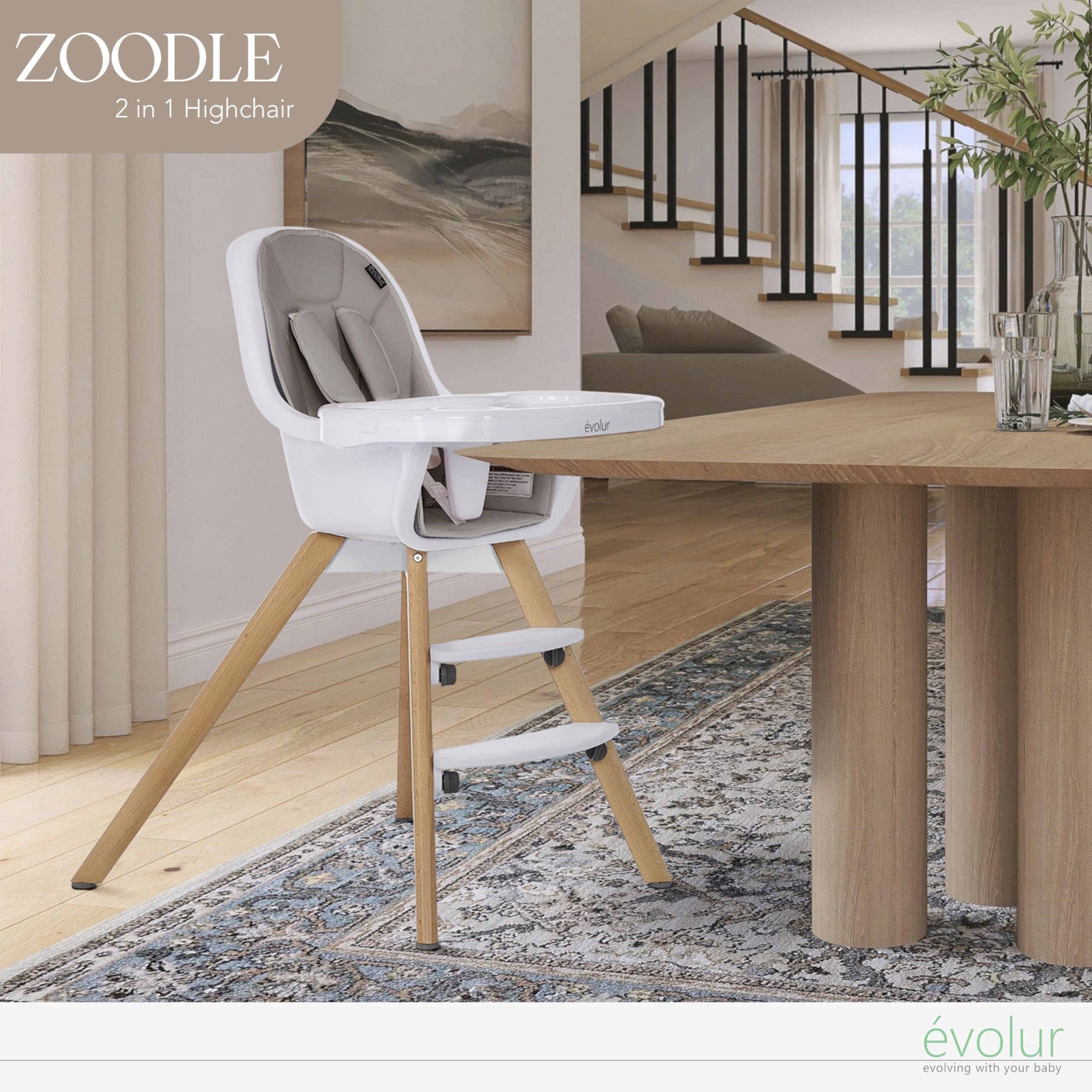 Evolur Zoodle 2 in 1 Convertible Baby High Chair in Light Gray