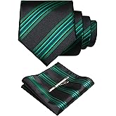 RBOCOTT Silk Stripe Plaid Tie and Pocket Square with Tie Clip Sets for Men