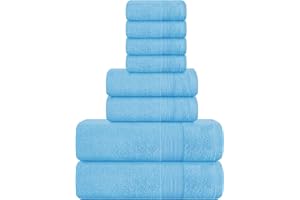 Belizzi Home 8 Piece Towel Set 100% Ring Spun Cotton, 2 Bath Towels 27x54, 2 Hand Towels 16x28 and 4 Washcloths 13x13 - Ultra Soft Highly Absorbent Machine Washable Hotel Spa Quality - Light Blue