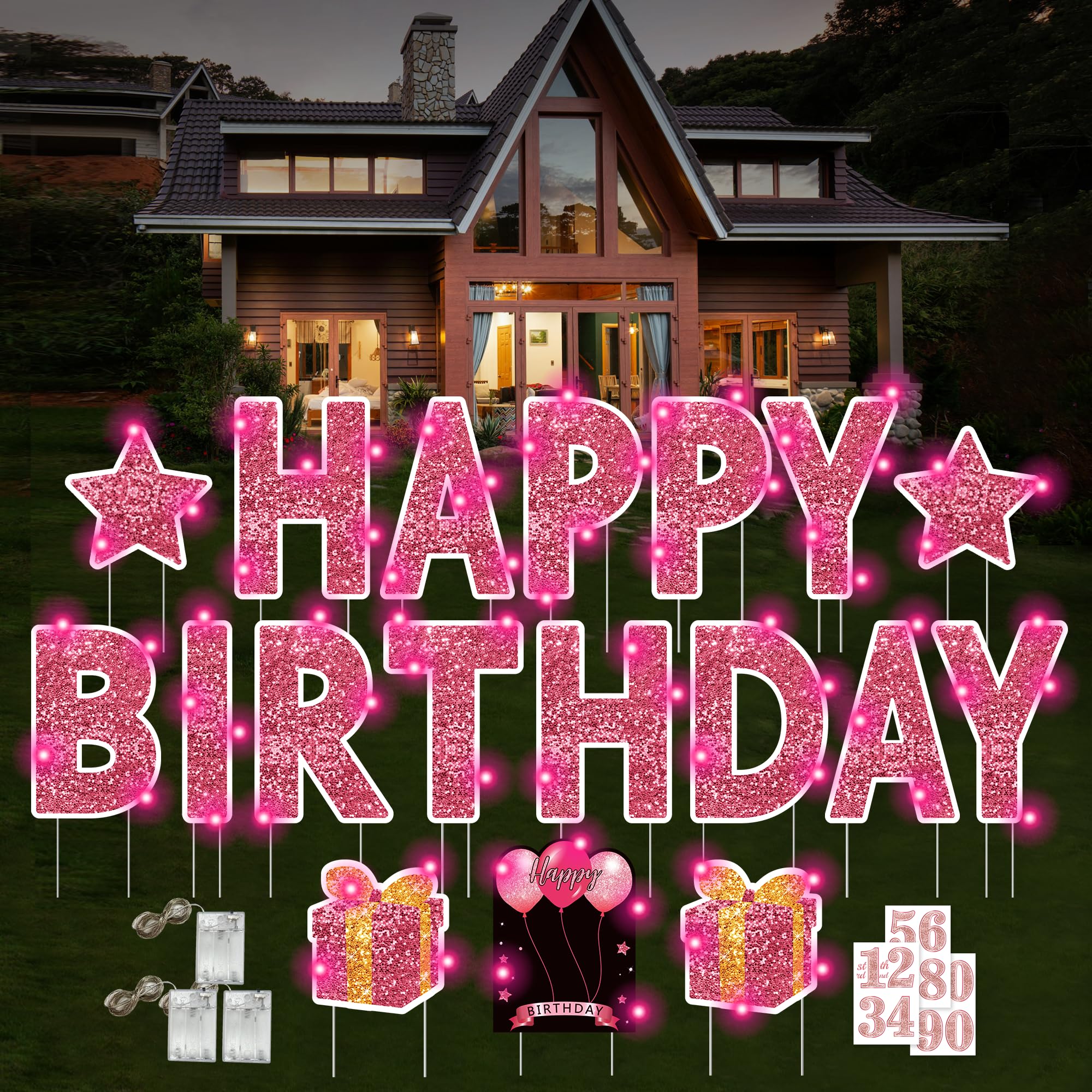 Photo 1 of 18 Pcs Happy Birthday Yard Sign with Stakes, Pink Happy Birthday Yard Sign with 49.2 Ft LED Light, 16 In Large Personalized Happy Birthday Sign, Waterproof Lawn Garden Birthday Party Decorations