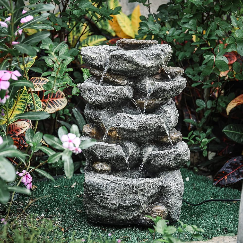 BTGGG Cascading Tiered Water Fountain with LED Lights - Dark Grey