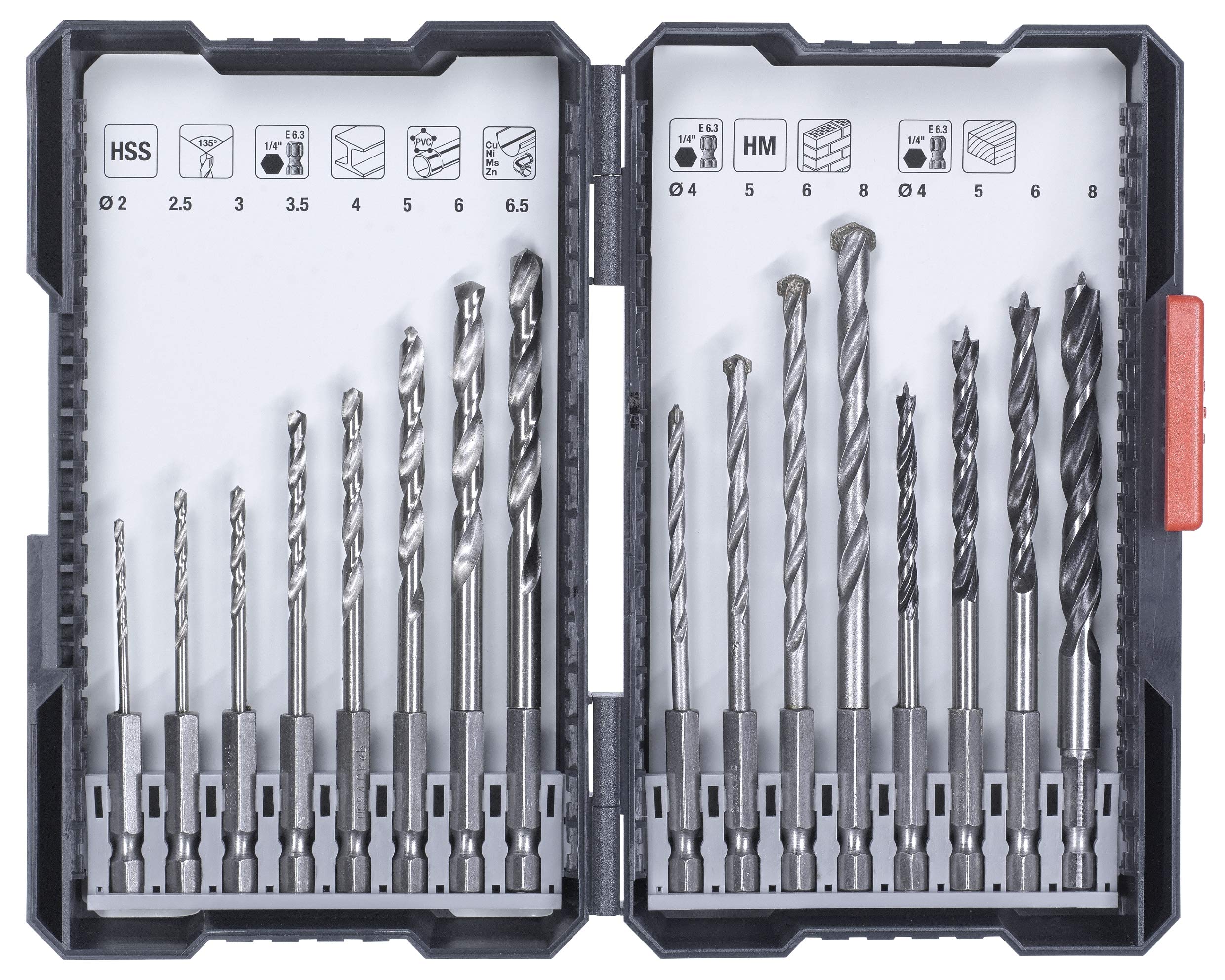kwb 108950 108950 L 16-Piece Drill Box with Hexagonal Shaft, 8 x HSS Metal Drills, Carbide Masonry Drill and 4 x Wood Drill Bits